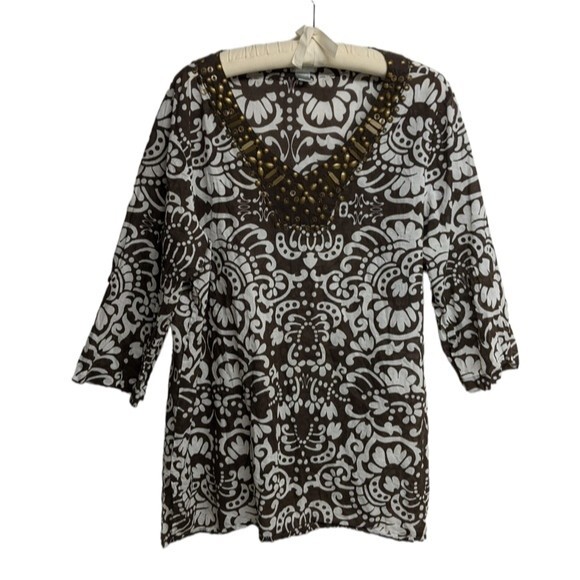 Chico's Tunic Women Large Long Sleeve V-Neck Top Metal Studded Details Brown L/3 - Picture 1 of 6